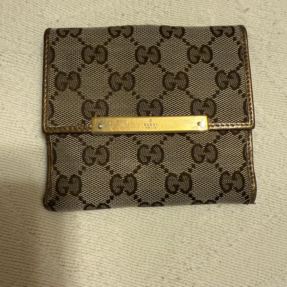 Authentic Gucci Monogram Metal Bar French Flap Wallet